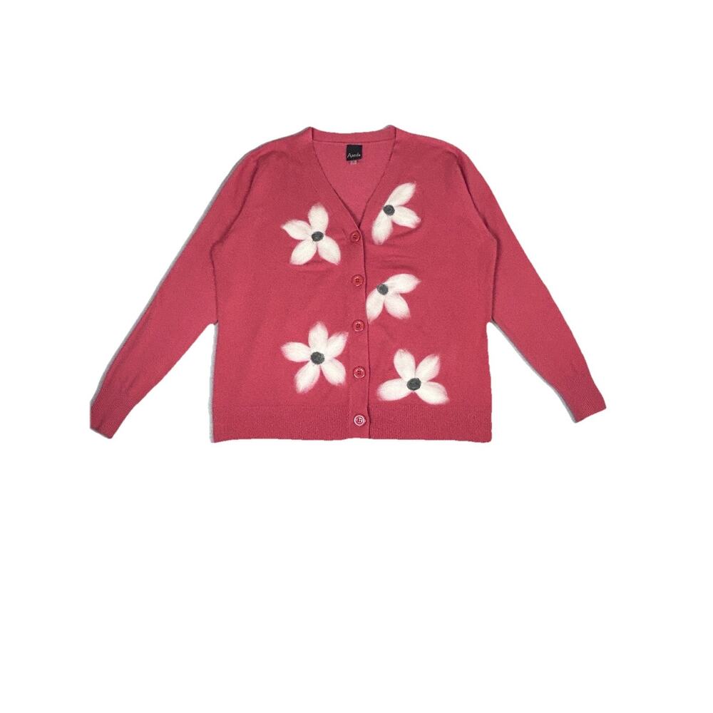 Aaeda cardigan button front wool felt floral applique Womens Sz L
